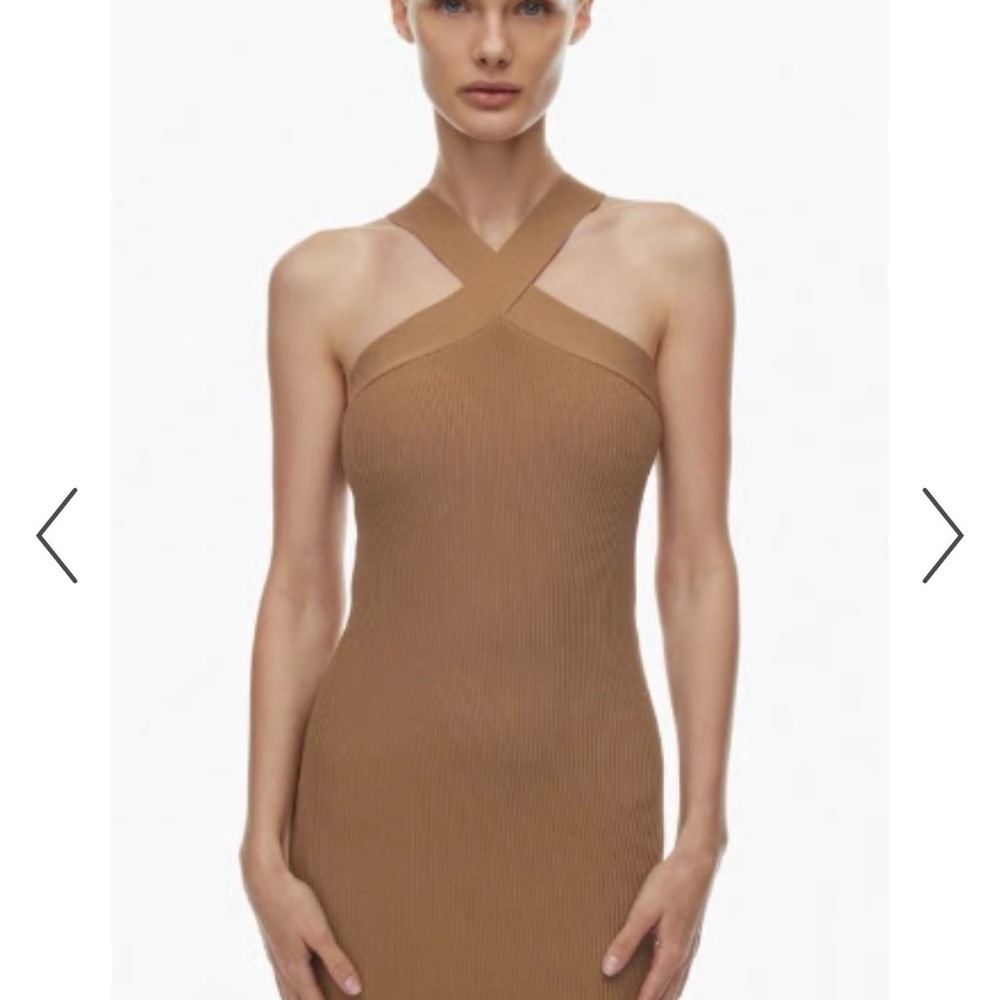 Aritzia One-Shoulder Ribbed Knit Dress in Tan
